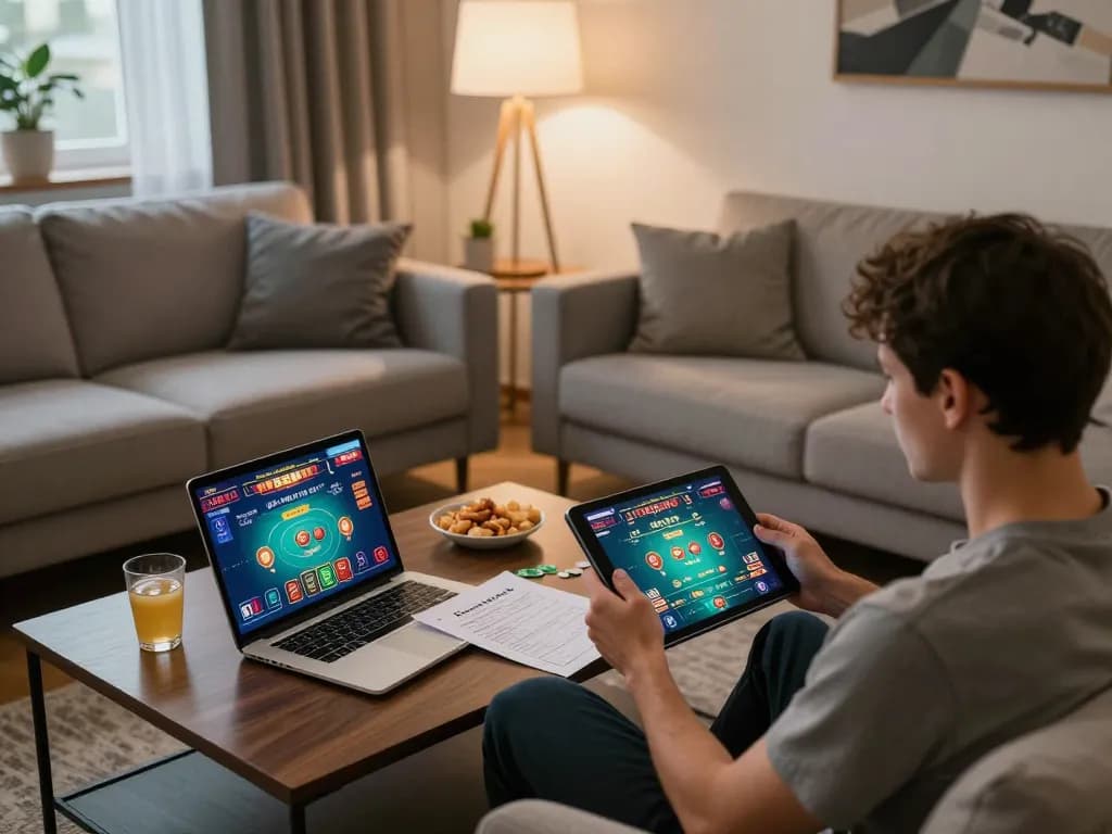 Playing casino games online at home with lclc88 tablet interface, cozy living room ambiance and strategy notes
