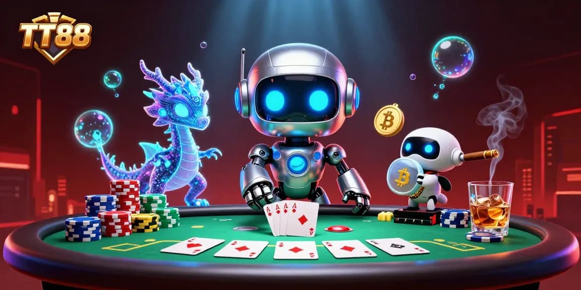 Engaging TT88 casino scene with a cyberpunk robot, AI dragon, and drone among poker elements.