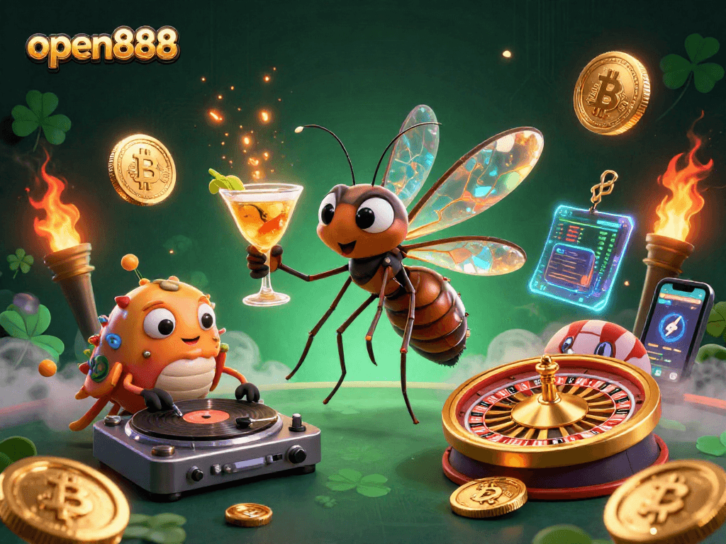 Experience excitement at open888 with a vibrant casino scene featuring a unique cast and crypto elements.