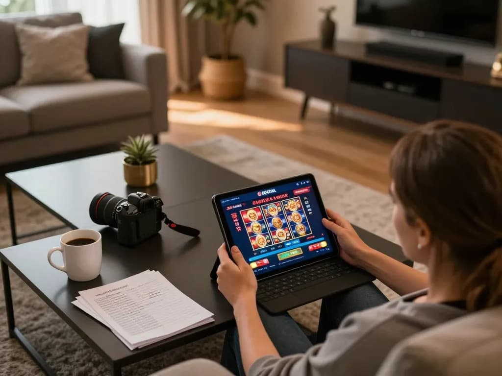 Player enjoying LGOGOAL slots on a tablet in a cozy home setting, showcasing responsible gaming.