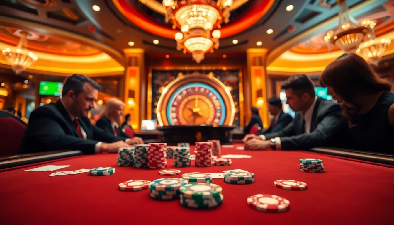 Nc88 poker table action with chips and cards in an exciting casino environment