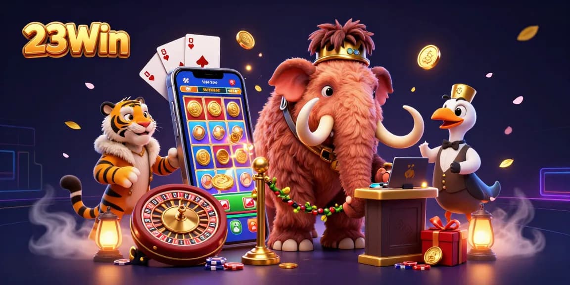 Experience the vibrant energy of 23Win as a mammoth bouncer checks IDs with vibrant casino visuals.