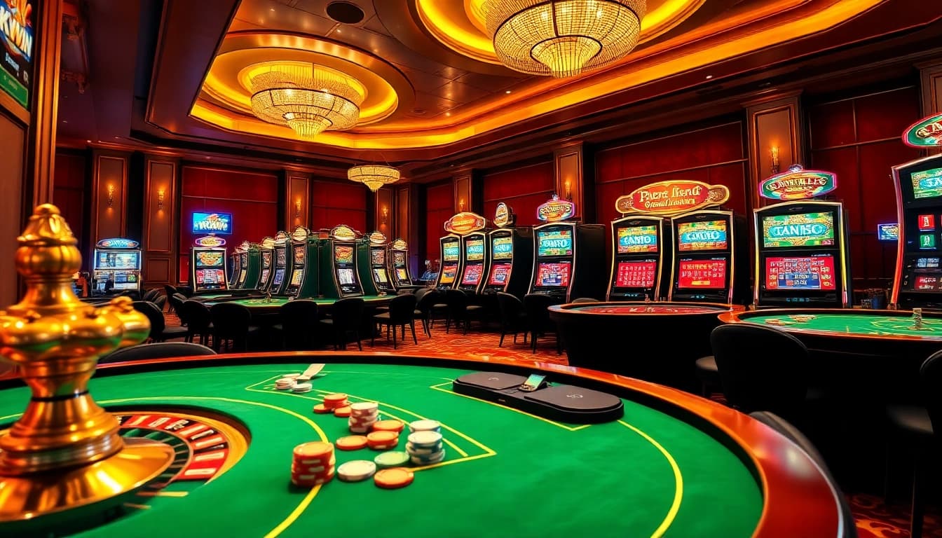 Kkwin casino scene showcasing vibrant tables, chips, and thrilling slot machines in a luxurious setting.