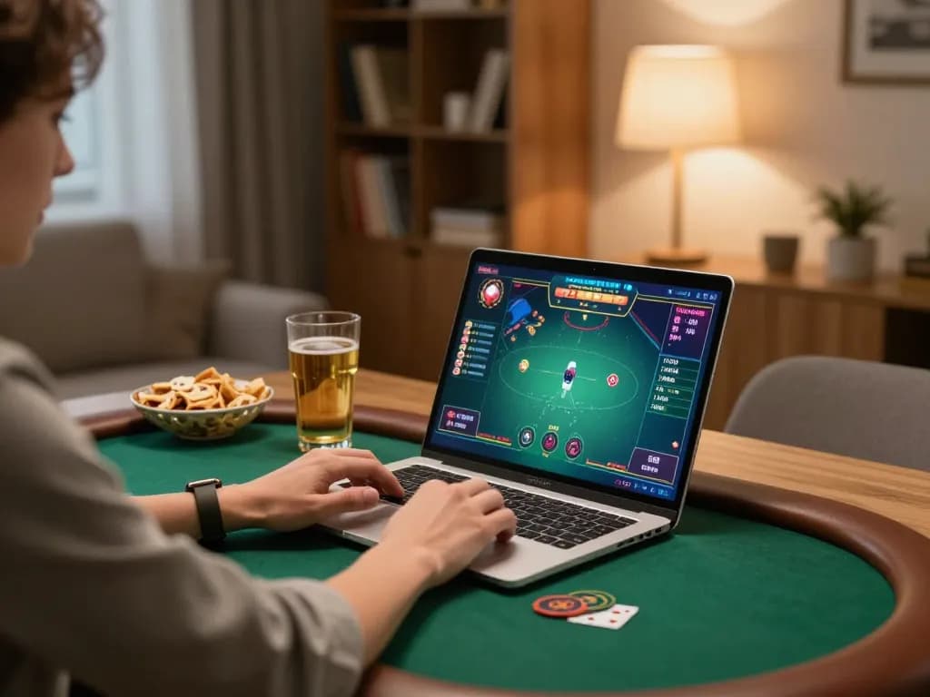 Player enjoying online poker at home on Cendana777 platform with laptop gameplay.