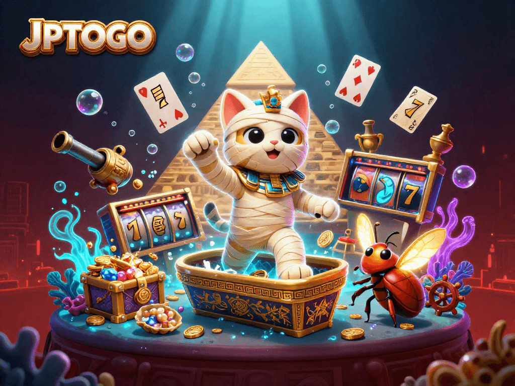 Experience the excitement of JPTOTO with this dynamic illustration of a mummy cat and casino elements.
