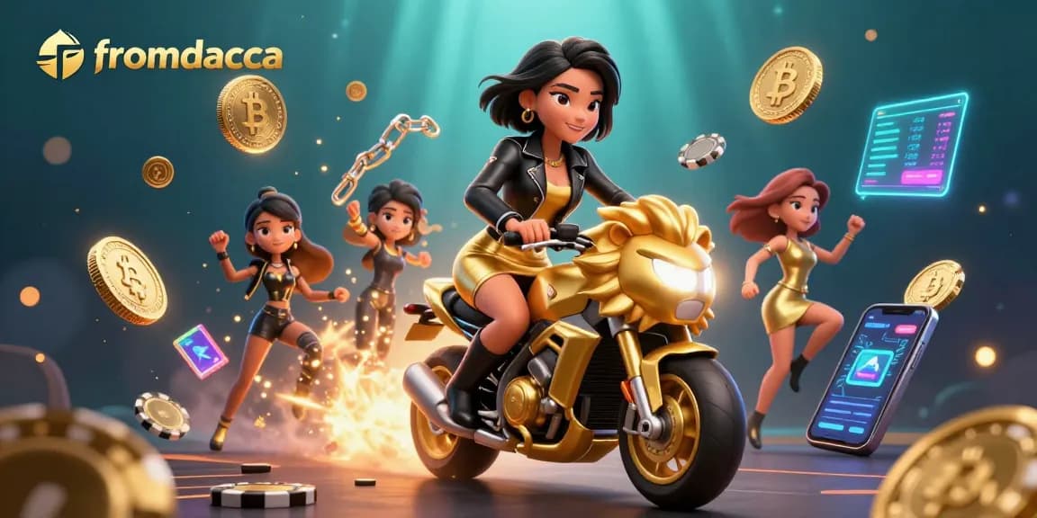 Experience the thrill with fromdacca's dynamic 3D casino scene featuring sleek characters and crypto-inspired elements.