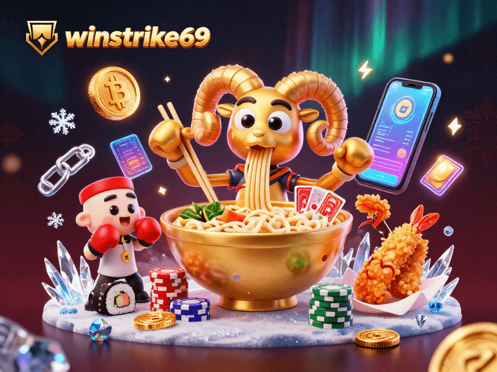 Engage in casino excitement with winstrike69, featuring vibrant characters and cryptocurrency elements.