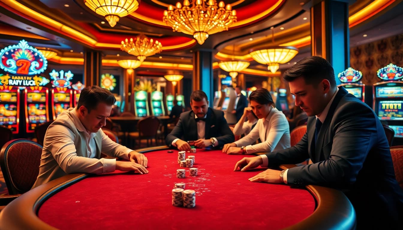 Experience the thrill of raja luck at a luxurious poker table with professional players and sparkling casino lights.