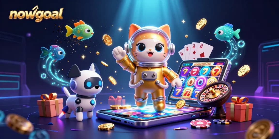 Engage with nowgoal's dynamic slot games featuring a vibrant scene of a cat astronaut, robot dog, and cosmic gambling elements.
