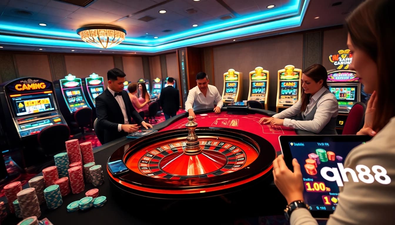 Experience the excitement at qh88 with vibrant casino tables, roulette wheels, and engaging gamers.
