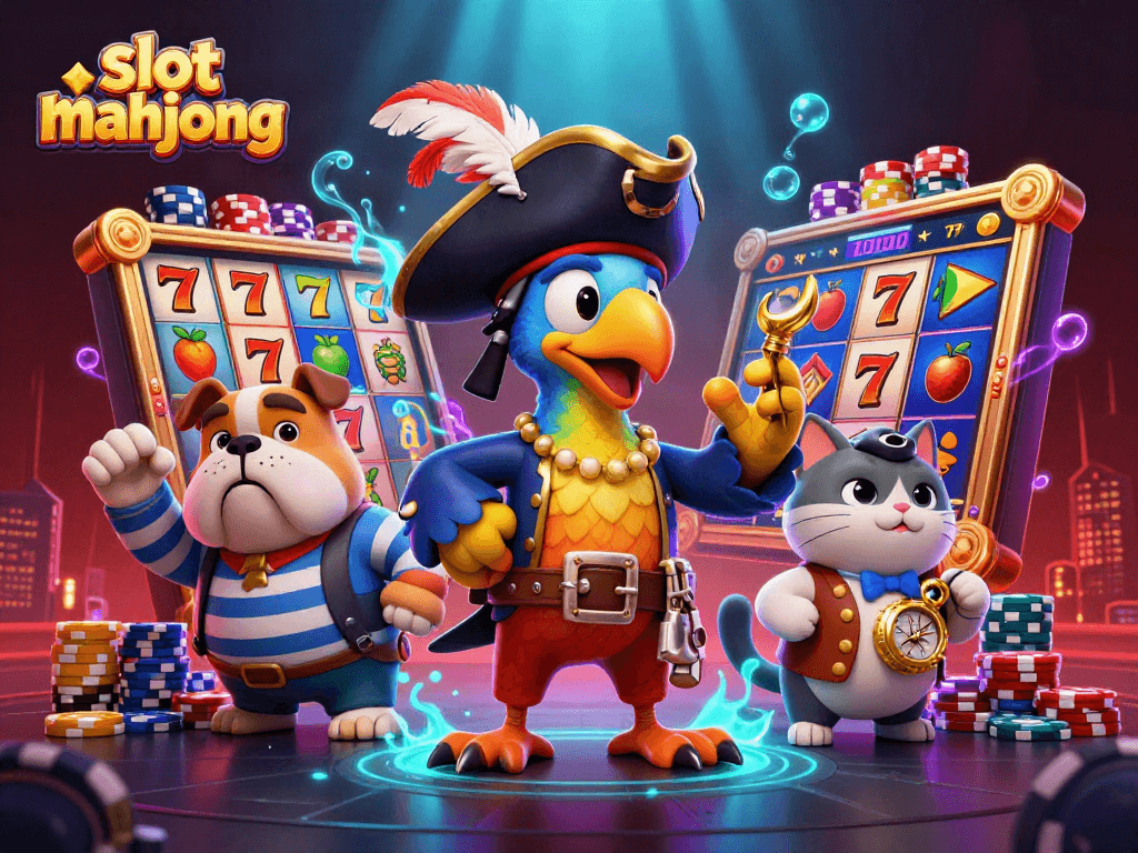 Engage in slot mahjong with vibrant characters and dazzling visuals in this casino illustration.