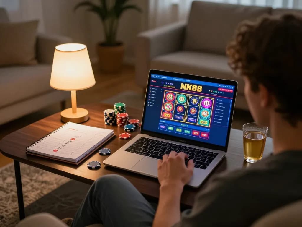 Navigating the NK88 online casino interface with excitement during a cozy home gaming evening.