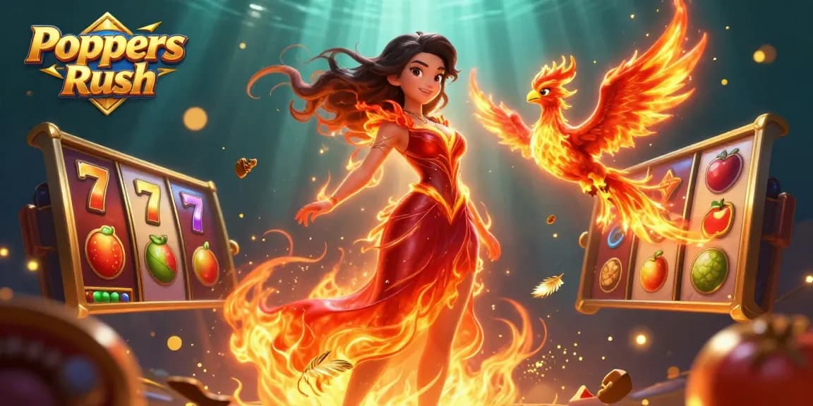 Poppers Rush showcases a thrilling casino scene with slot reels and a stunning character illustration.