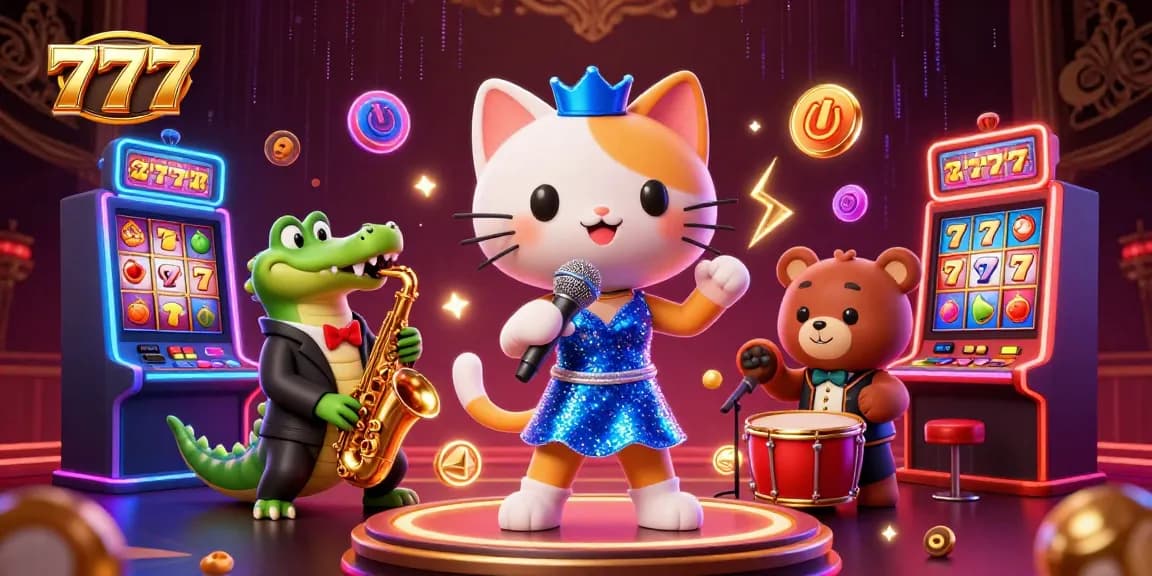 Win big at 777-themed casino with a lively jazz-singer cat and vibrant gaming visuals.