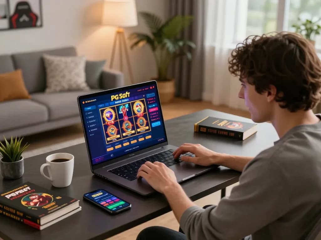Memainkan slot demo PG Soft di laptop di rumah, menampilkan suasana permainan online yang menarik dan bertanggung jawab.