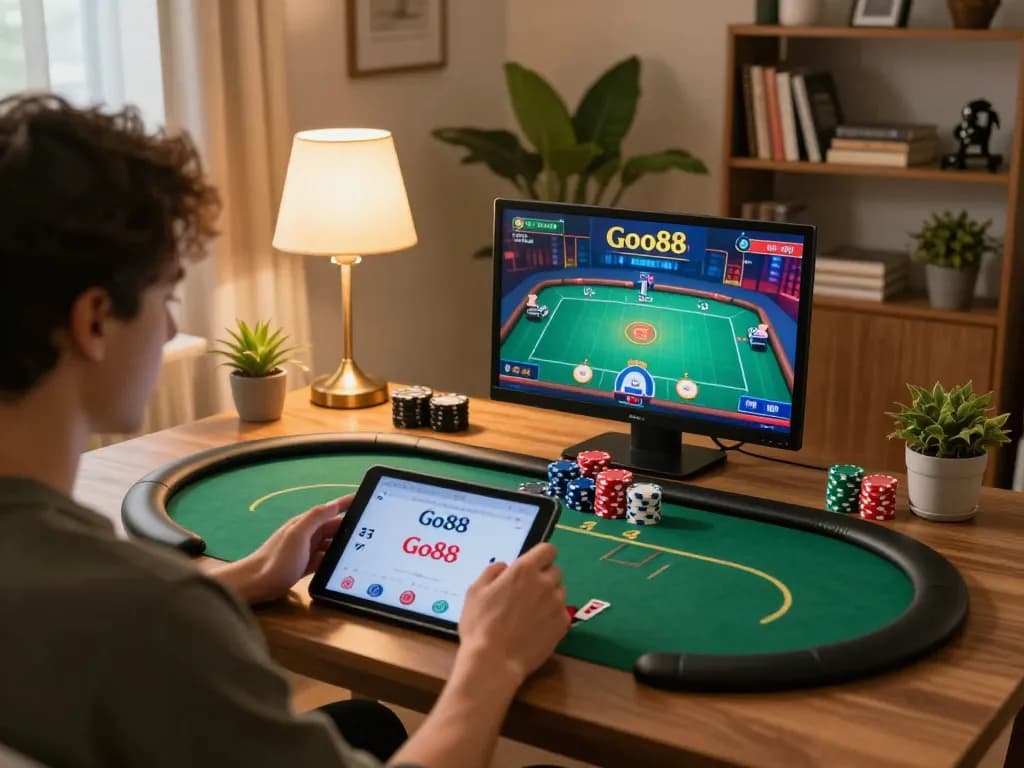 Người chơi đang tham gia sử dụng Go88 trên máy tính bảng, thể hiện lối chơi poker chiến lược trong một không gian ấm cúng.