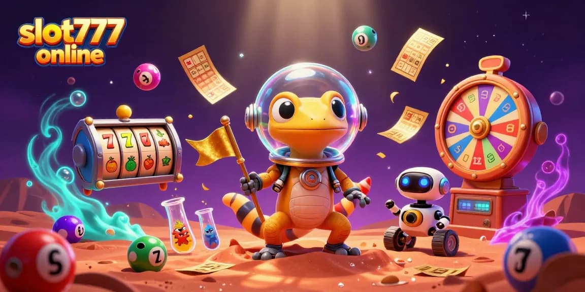 Experience thrilling gameplay at slot777 online with a Martian gecko finding treasures at a hidden casino.