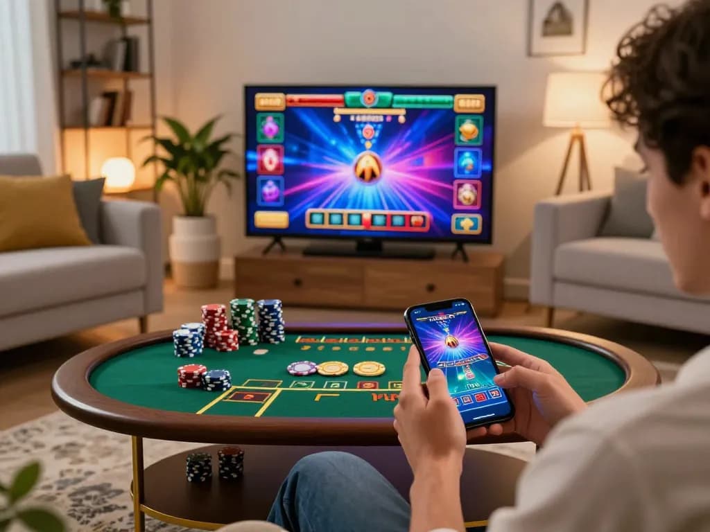 Person engaging in mobile gambling with CM88 app on phone, displaying exciting poker gameplay.