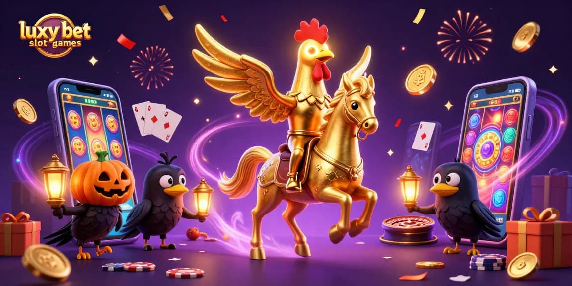 Experience luxy bet slot games with a vibrant scene featuring a golden rooster riding through a casino.