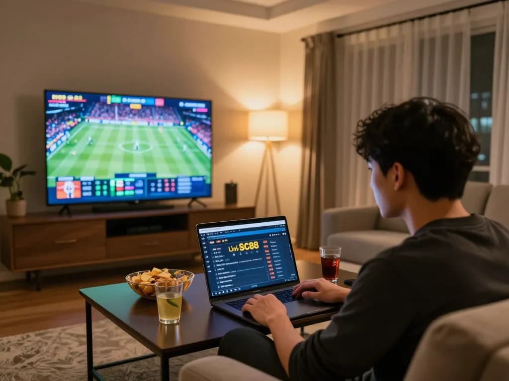 Person engaging with Link SC88 sports betting on laptop in cozy home setting