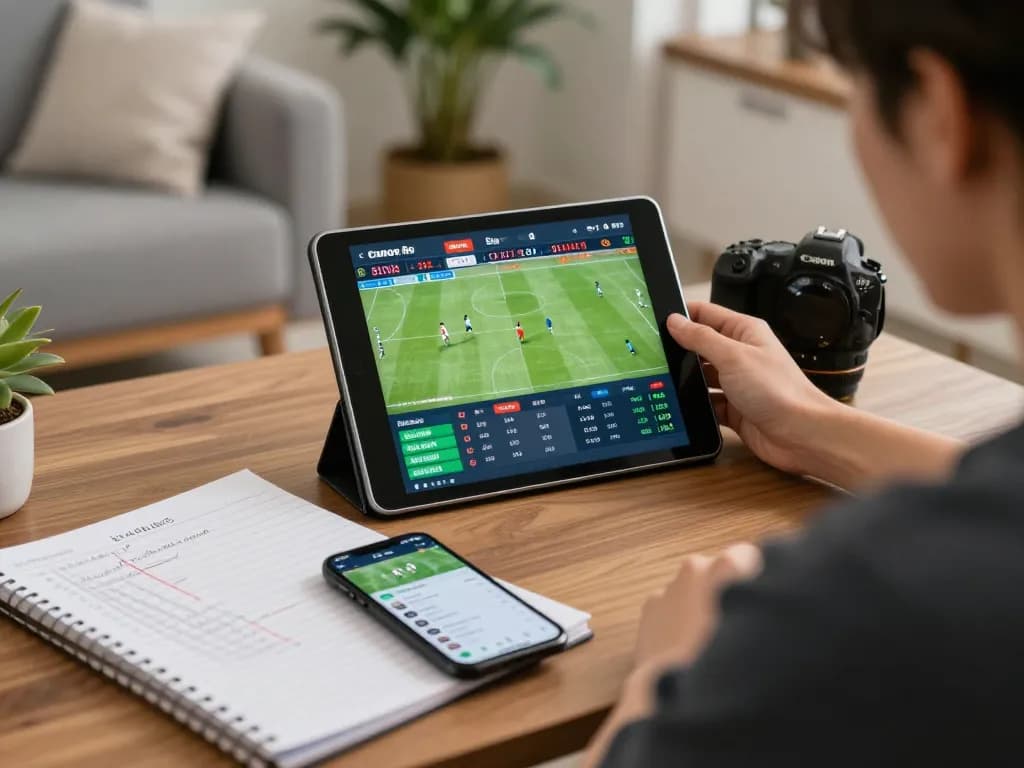 Engaging in soi kèo sports betting using tablet at home, showcasing live matches and betting strategies