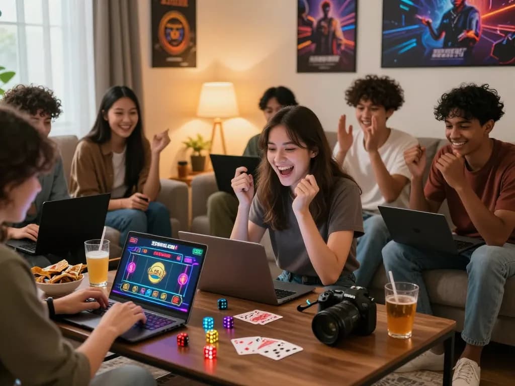 Friends joyfully gaming at home on 32win.com, showcasing an interactive online gambling experience.