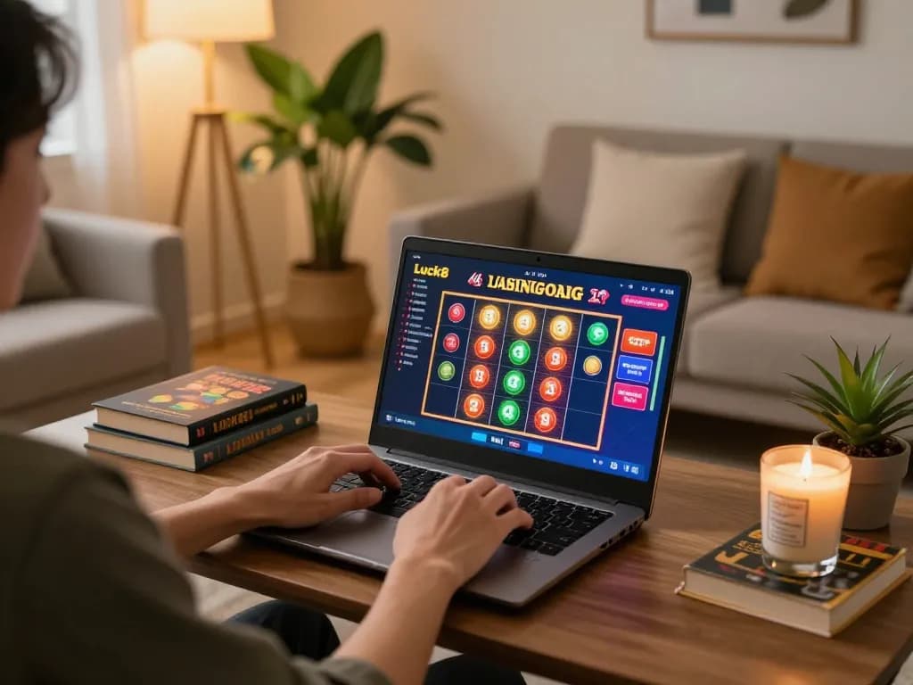Luck8 casino gaming session on a laptop with vibrant slots interface in a cozy home environment.