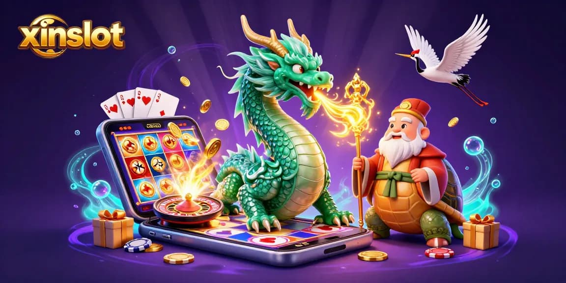 XINSLOT players engage with visually stunning slots, featuring a dragon and lucky cranes in a dramatic 3D scene.