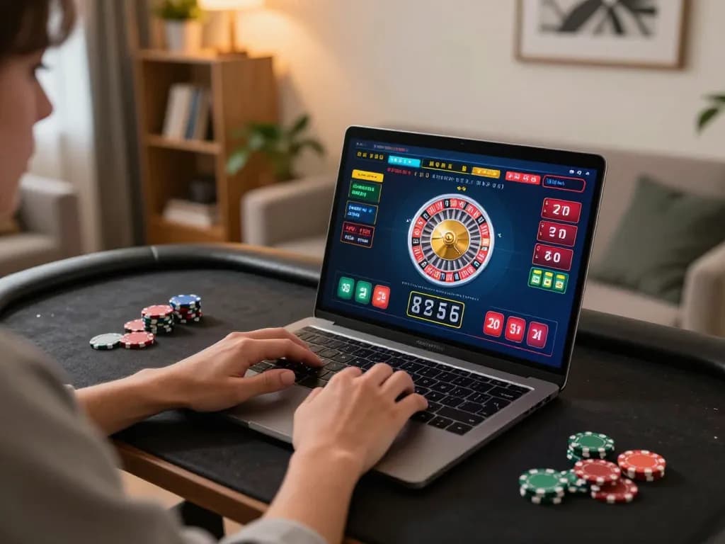 Engaged player using soc88 online casino platform on laptop, showcasing roulette game.