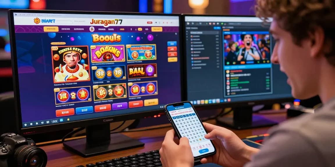 Pengguna berinteraksi dengan situs juragan77 untuk permainan togel dan kasino online dengan antusiasme tinggi.