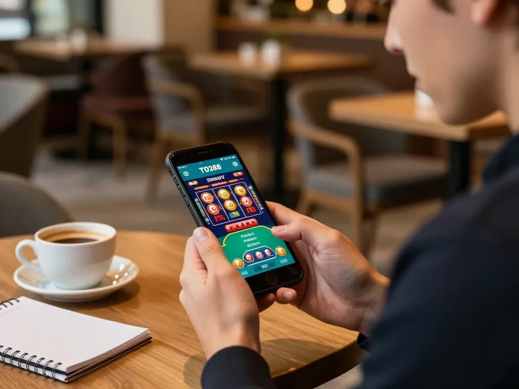 Engaging in online gaming with the TO288 app while enjoying coffee in an elegant café.