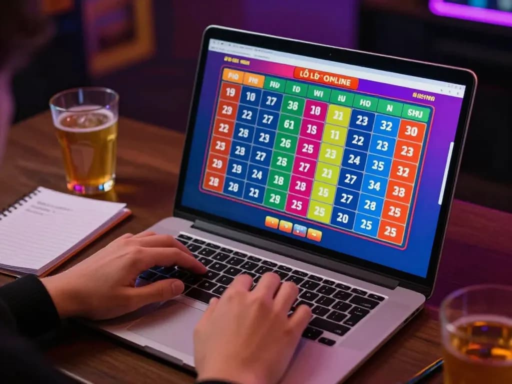 Lô đề online gaming setup showing a player engaged in number betting on a laptop with drinks and notes nearby.