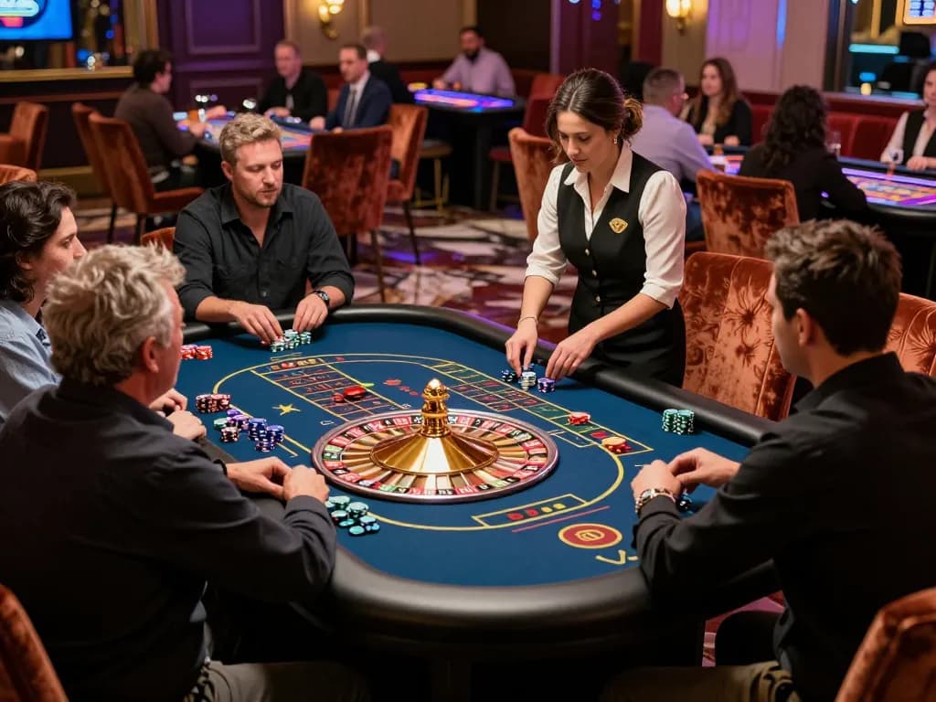 Players excitedly placing bets at the roulette table in a vibrant casino setting, showcasing the tx88 experience.