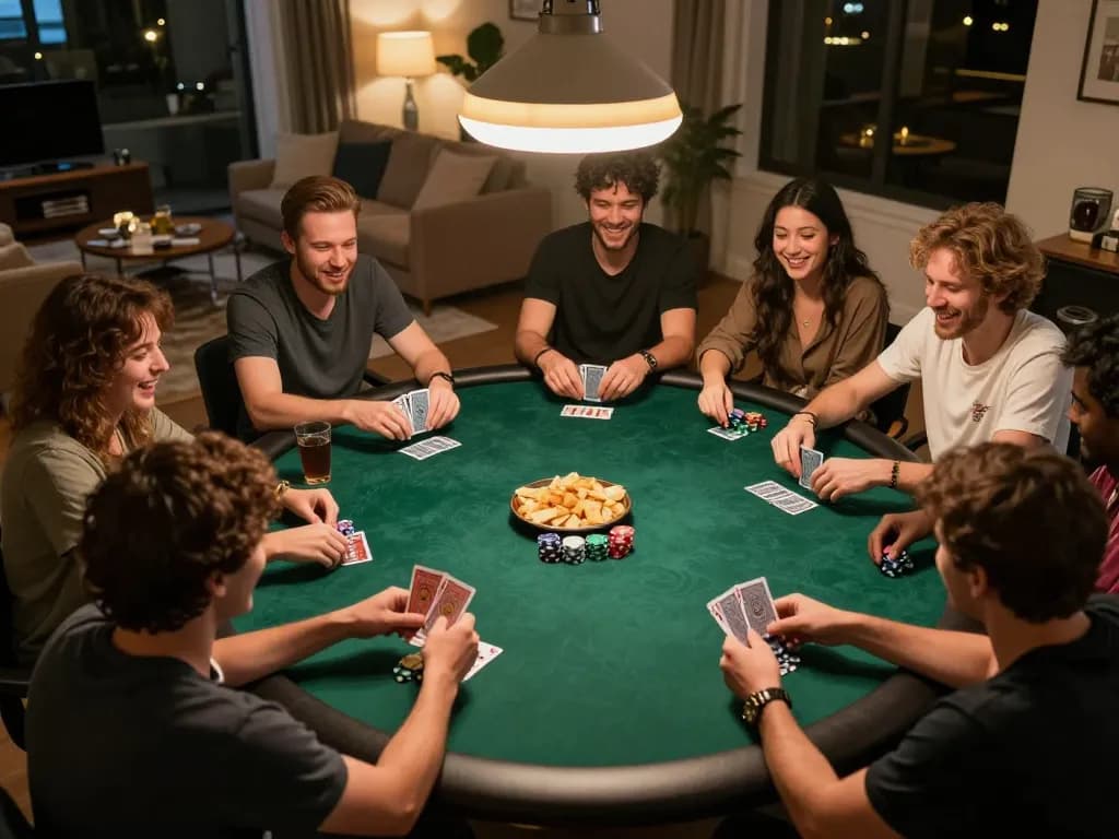 Kuwin players engaged in an exciting poker game during a home gathering, showcasing camaraderie and strategic gameplay.