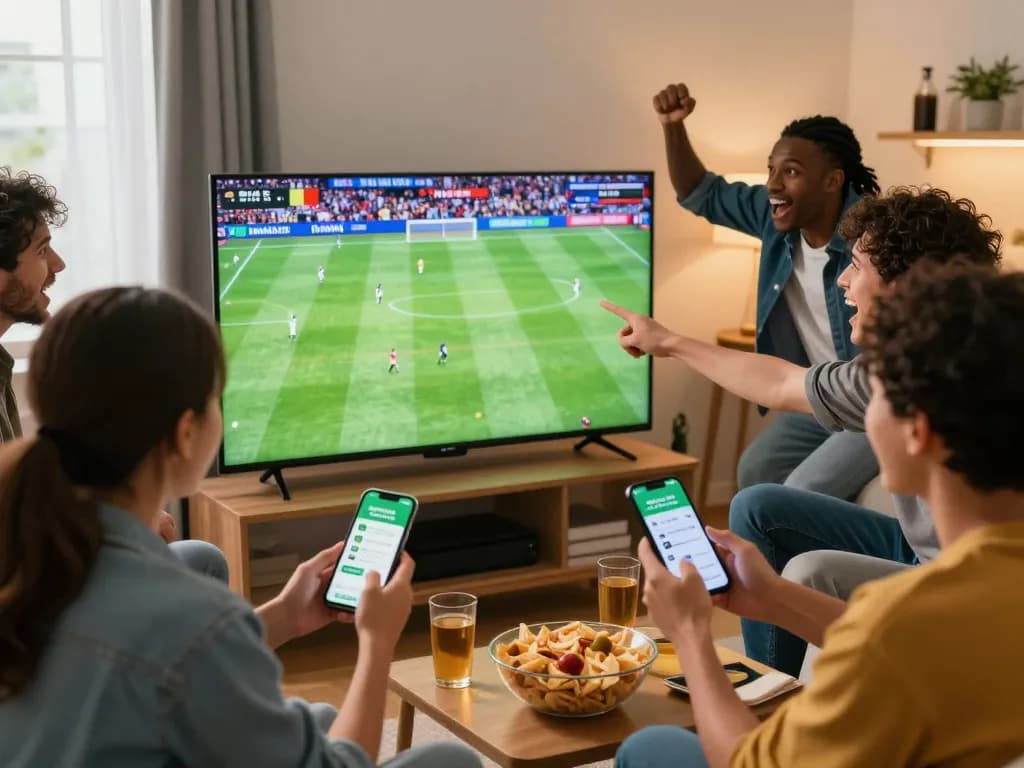 A lively sports betting scene where friends cheer for their team while checking kèo nhà cái on a smartphone.