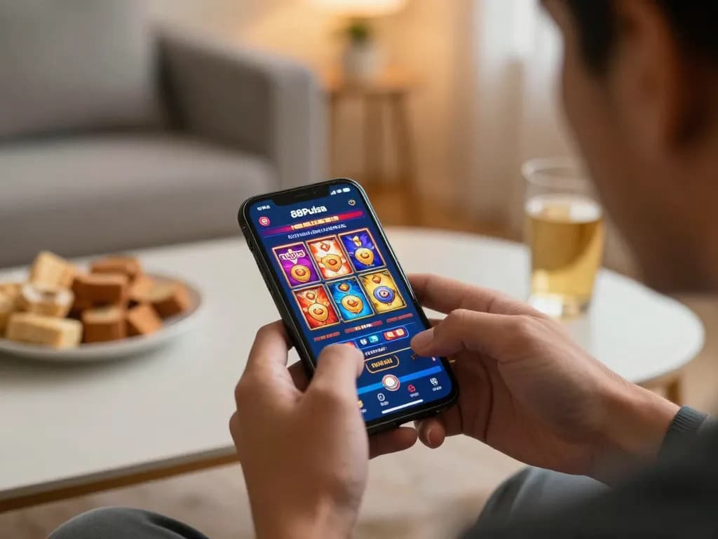 Sesi permainan online yang menarik dengan 88Pulsa di smartphone, menampilkan antarmuka aplikasi yang cerah dan lingkungan yang nyaman