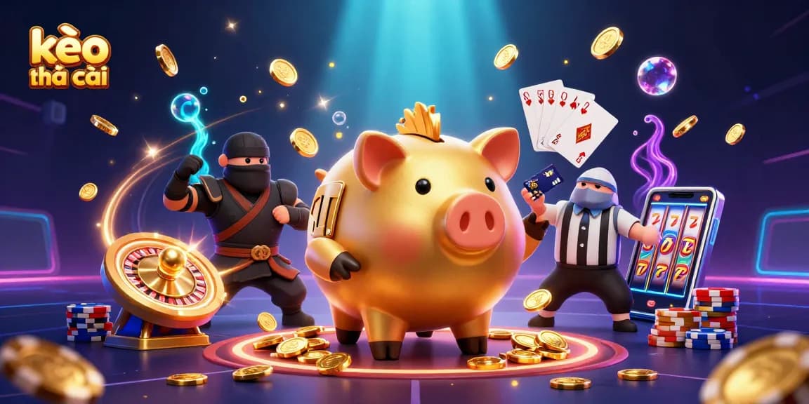 Bet on kèo nhà cái as a golden piggy bank sumo wrestler stamps coins, surrounded by gambling elements.