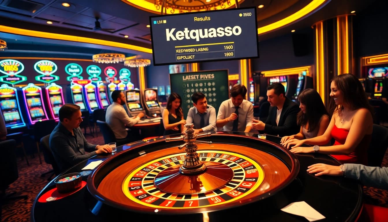 Engaged gamblers eagerly checking their bets on Ketquaxoso results at a vibrant casino.