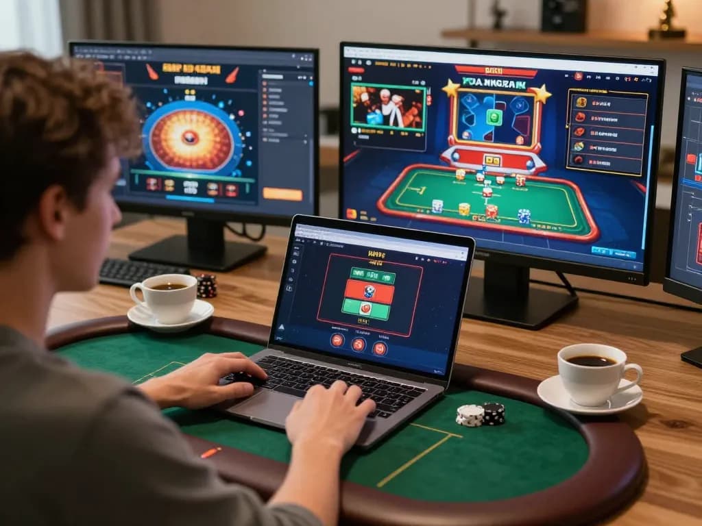 Immerse in 188bets online poker strategies from a cozy gaming setup with multiple screens.