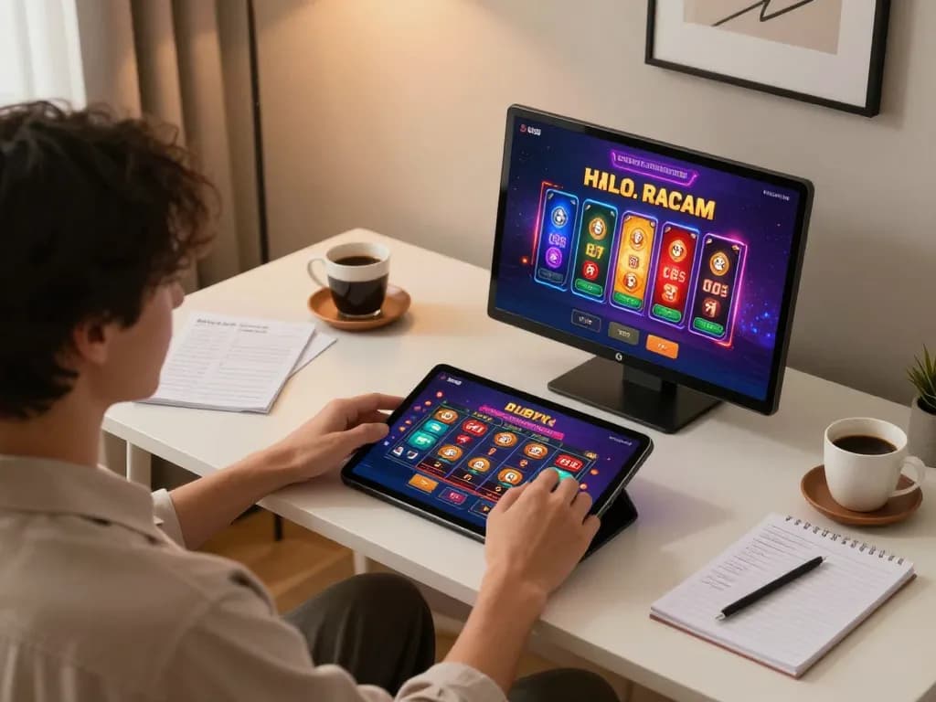 Player enjoying an online casino session on tablet at home with Lc88 Vina, showcasing vibrant gaming interface