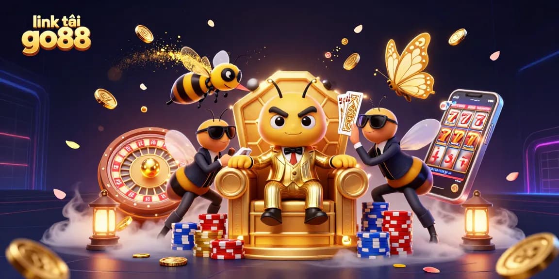 Engage with link tải go88 through an immersive 3D digital illustration of a bumblebee mob boss in a casino.