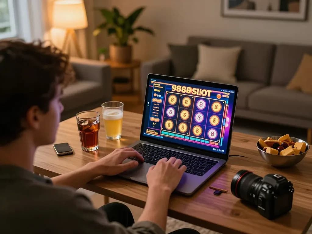 Person playing 988slot online on laptop, vibrant slot machine interface visible, home gaming setup