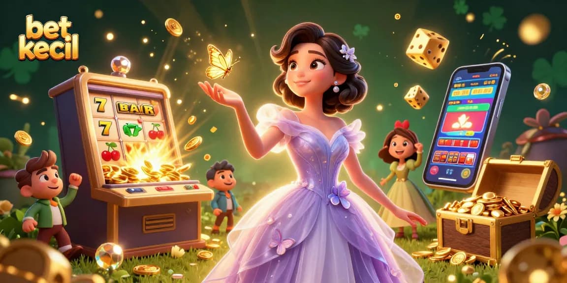 Engage with bet kecil in this vibrant casino scene featuring exciting slot machines and golden treasures.