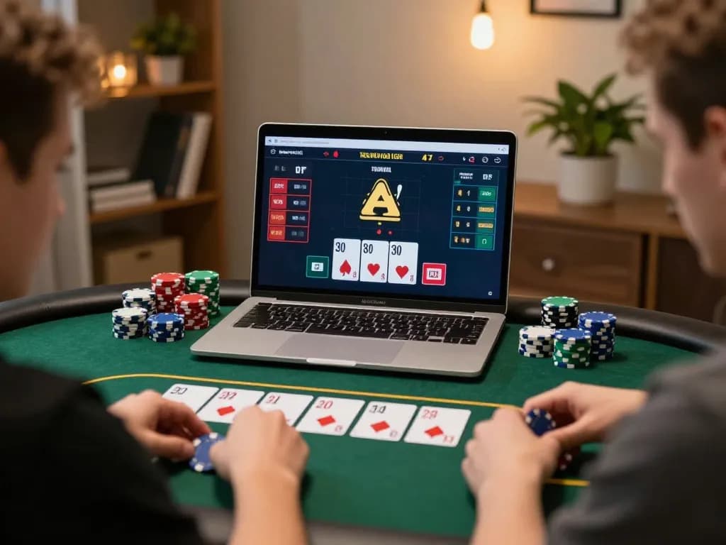 Engaged player at situs idn poker on laptop, focused on winning a Texas Hold'em game in a cozy home setting.