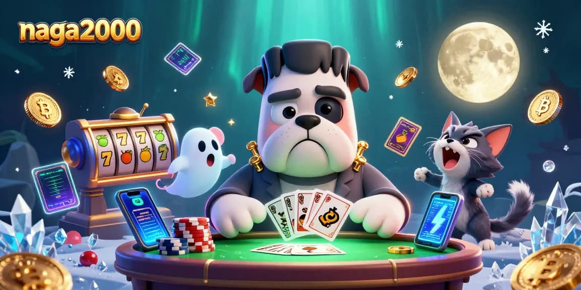 naga2000 menghadirkan suasana kasino dengan monster Frankenstein yang menangani kartu dan simbol slot mengelilingi suasana seru