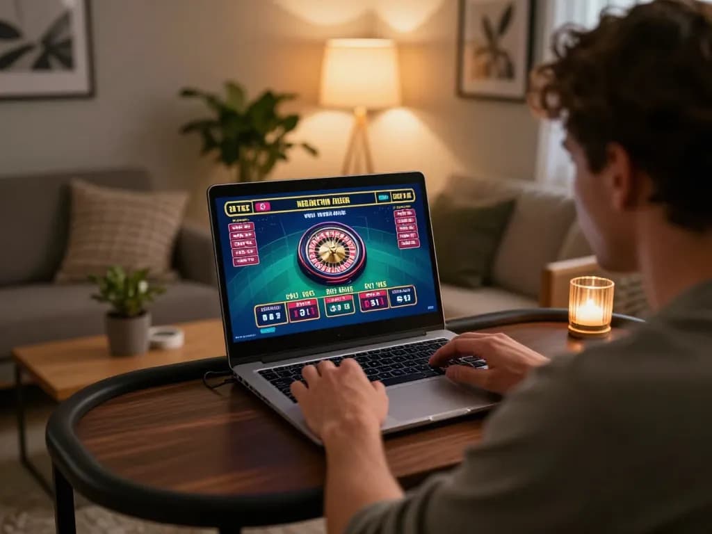 Player engaged in ALO8 Live roulette game on laptop, showcasing exciting online gambling experience.