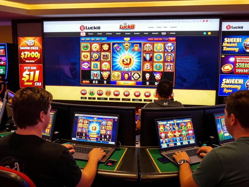 Luck8 players enjoying engaging slot games on their devices, showcasing vibrant online gaming environment
