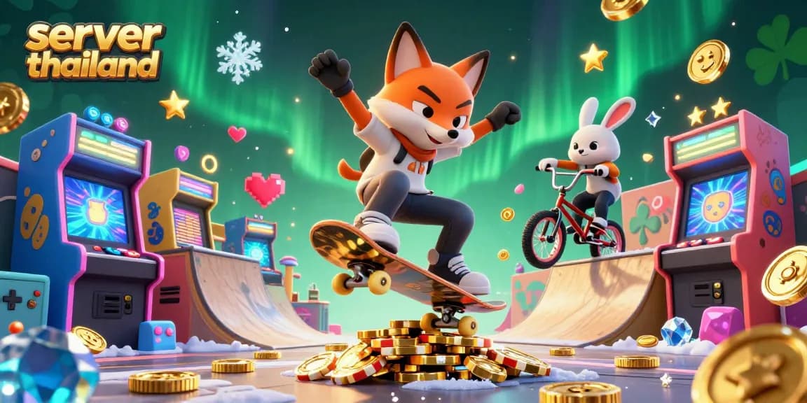 Experience thrilling gameplay with server thailand, featuring a vibrant cartoon scene of a fox skateboarder and a rabbit performing tricks in a casino setting.