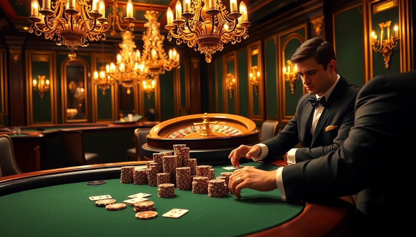 Feel the thrill as players strategize at a luxurious RR99 poker table amidst a vibrant casino ambiance.