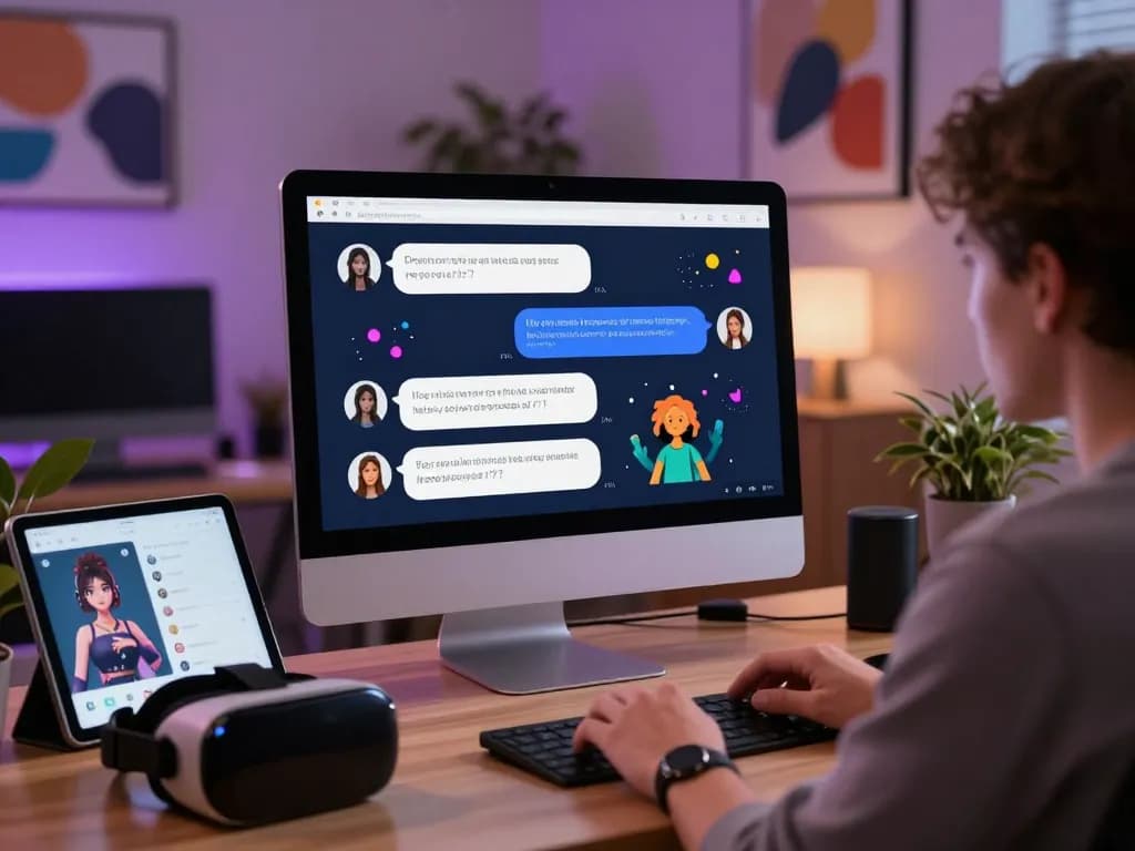 Engaging ai sex chat interface with vibrant graphics and customizable options in a modern workspace.